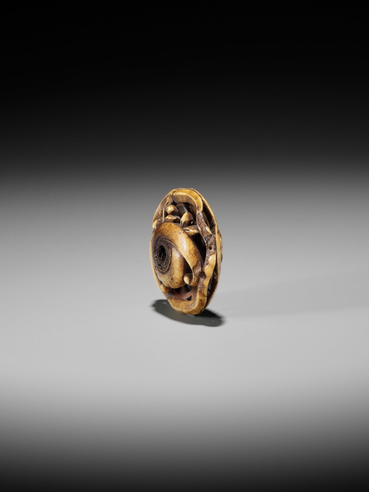 A STAG ANTLER RYUSA MANJU NETSUKE OF A HO-O BIRD AND UNUSUAL MON - Image 9 of 11