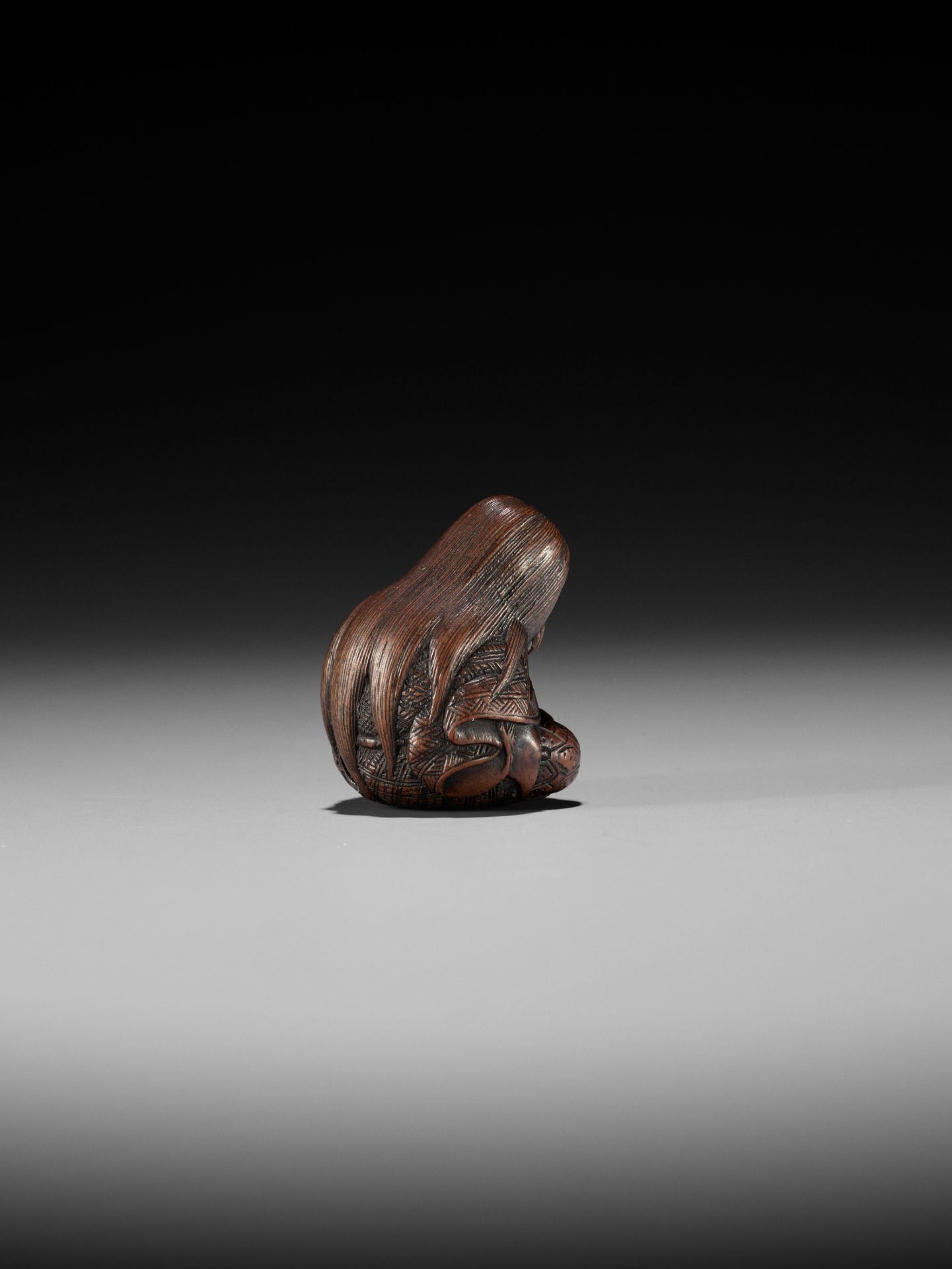 MASATOSHI: A NAGOYA SCHOOL WOOD NETSUKE OF A SLUMBERING SHOJO - Image 8 of 14