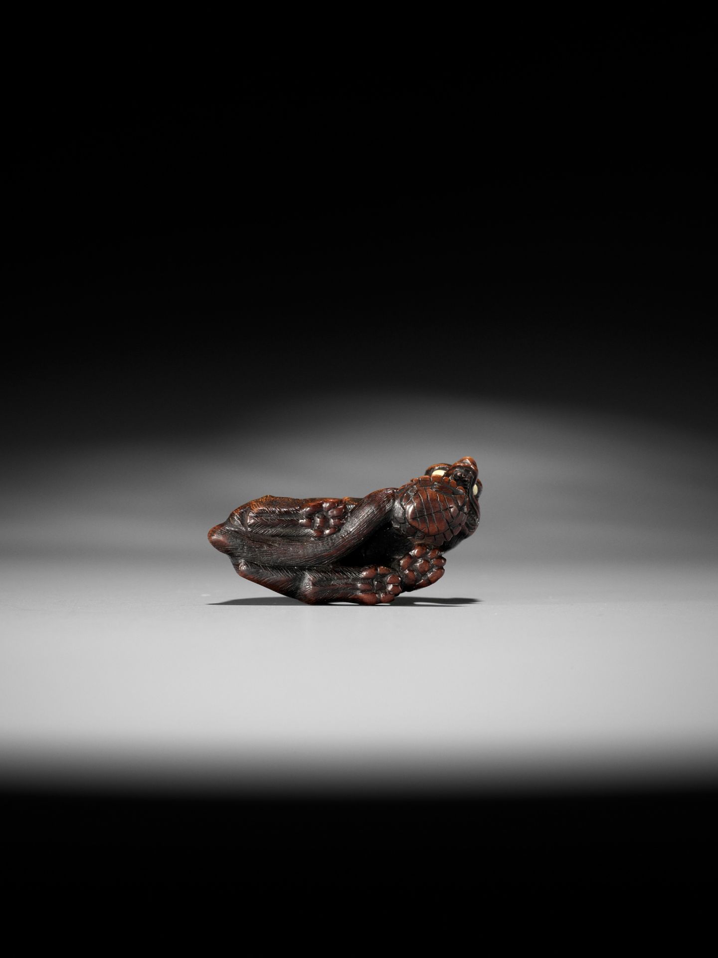 A SUPERB TOYOMASA SCHOOL WOOD NETSUKE OF AN EMACIATED WOLF WITH TORTOISE - Image 15 of 15