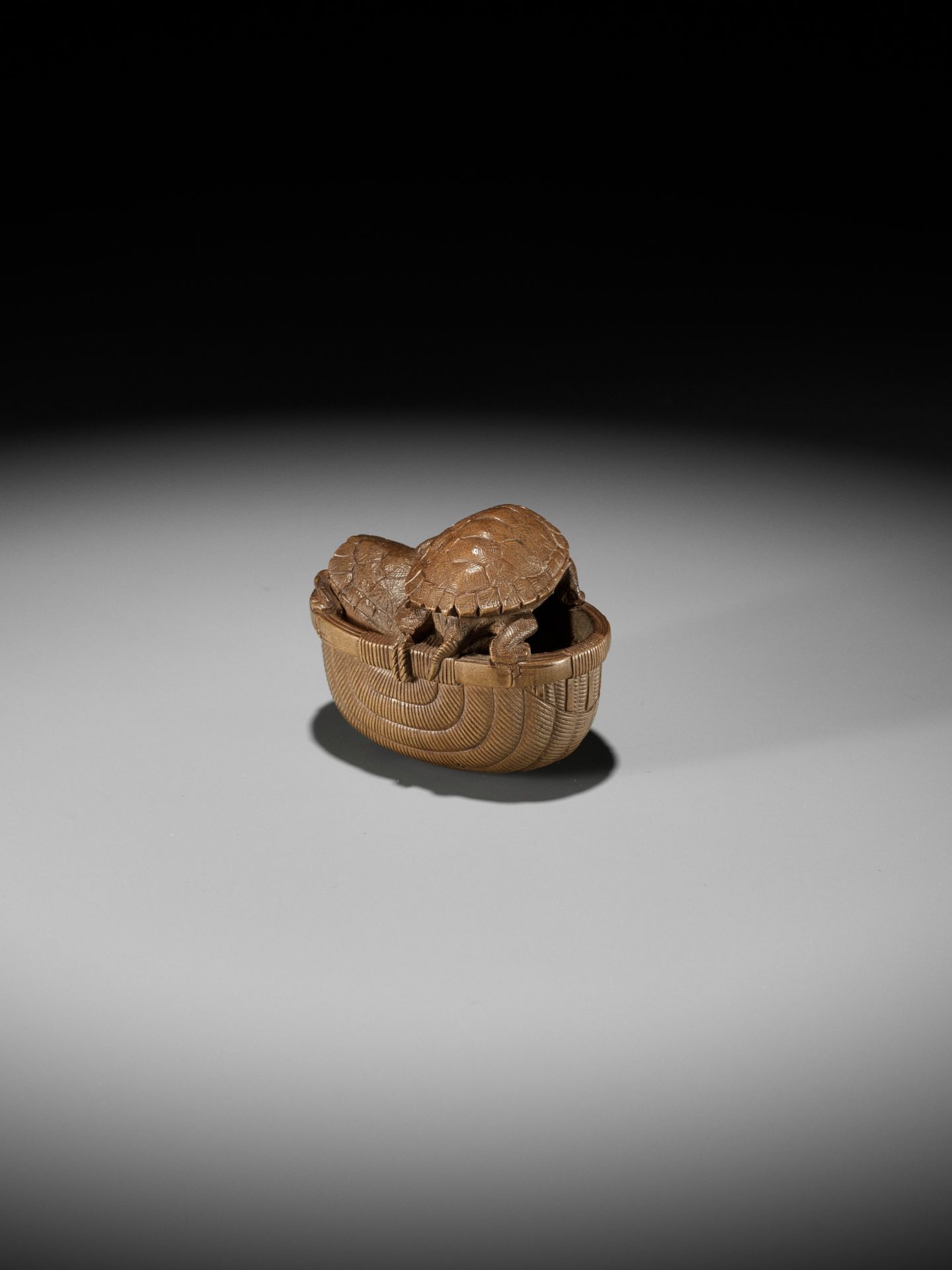 TADAKAZU: A FINE WOOD NETSUKE OF TURTLES IN A BASKET - Image 8 of 12