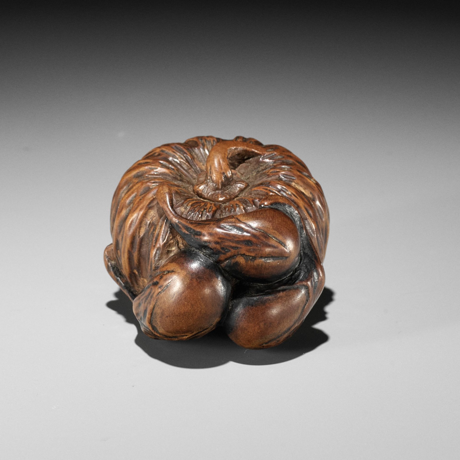 A FINE NAGOYA SCHOOL WOOD NETSUKE OF PUMPKINS AND NASUBI