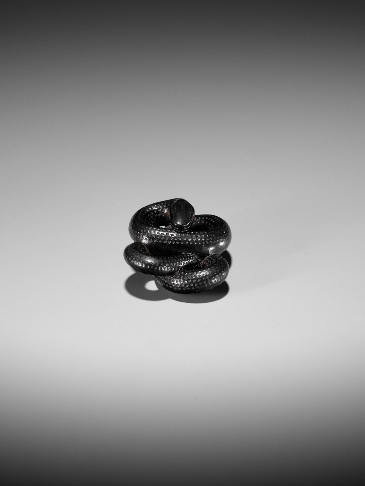 A RARE EBONY WOOD NETSUKE OF COILED SNAKE - Image 8 of 10