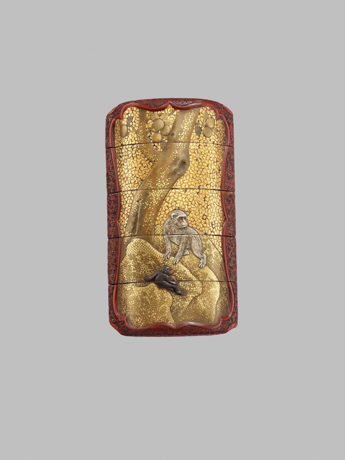 AN UNUSUAL INLAID GOLD LACQUER AND TSUISHU FOUR-CASE INRO WITH MONKEYS - Image 2 of 4