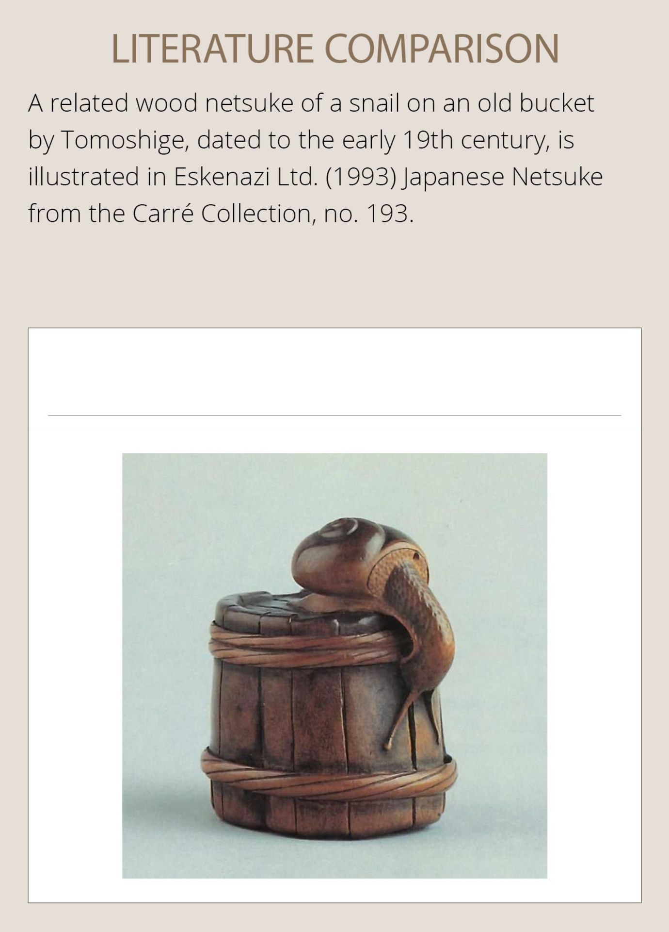 TOMOSHIGE: A RARE WOOD NETSUKE OF A SNAIL ON A WELL BUCKET COVER - Bild 5 aus 13