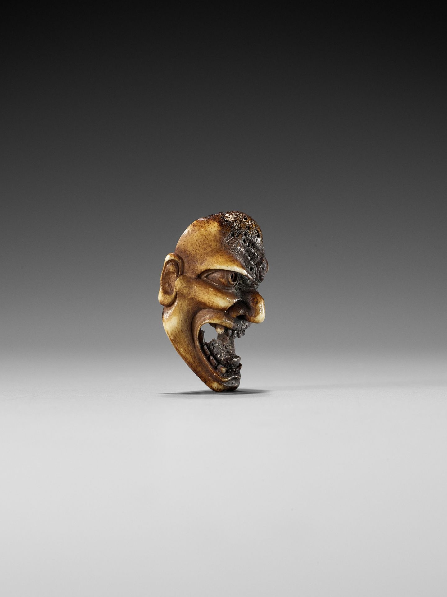 A SUPERB STAG ANTLER MASK NETSUKE OF HANNYA - Image 8 of 10