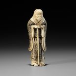 A RARE IVORY NETSUKE OF AN ACTOR IN THE ROLE OF THE FOX PRIEST (HAKUZOSU)