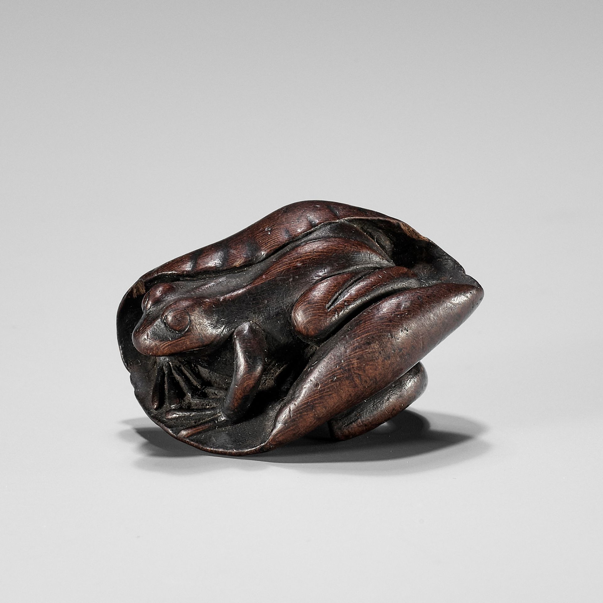 SHUGETSU: A WOOD NETSUKE OF A FROG ON A LOTUS LEAF