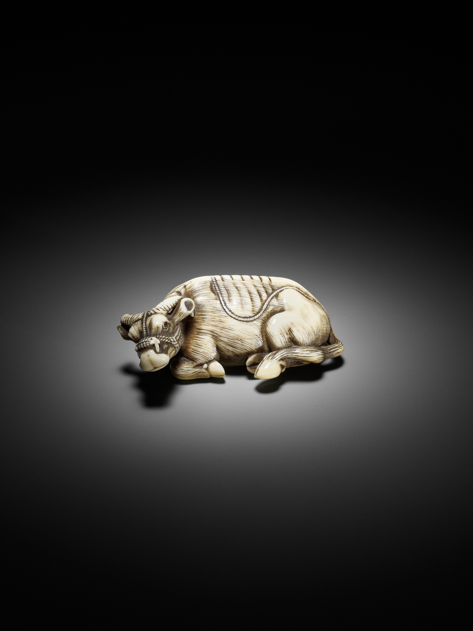 TOMOTADA: A SUPERB IVORY NETSUKE OF A RECUMBENT COW - Image 7 of 18