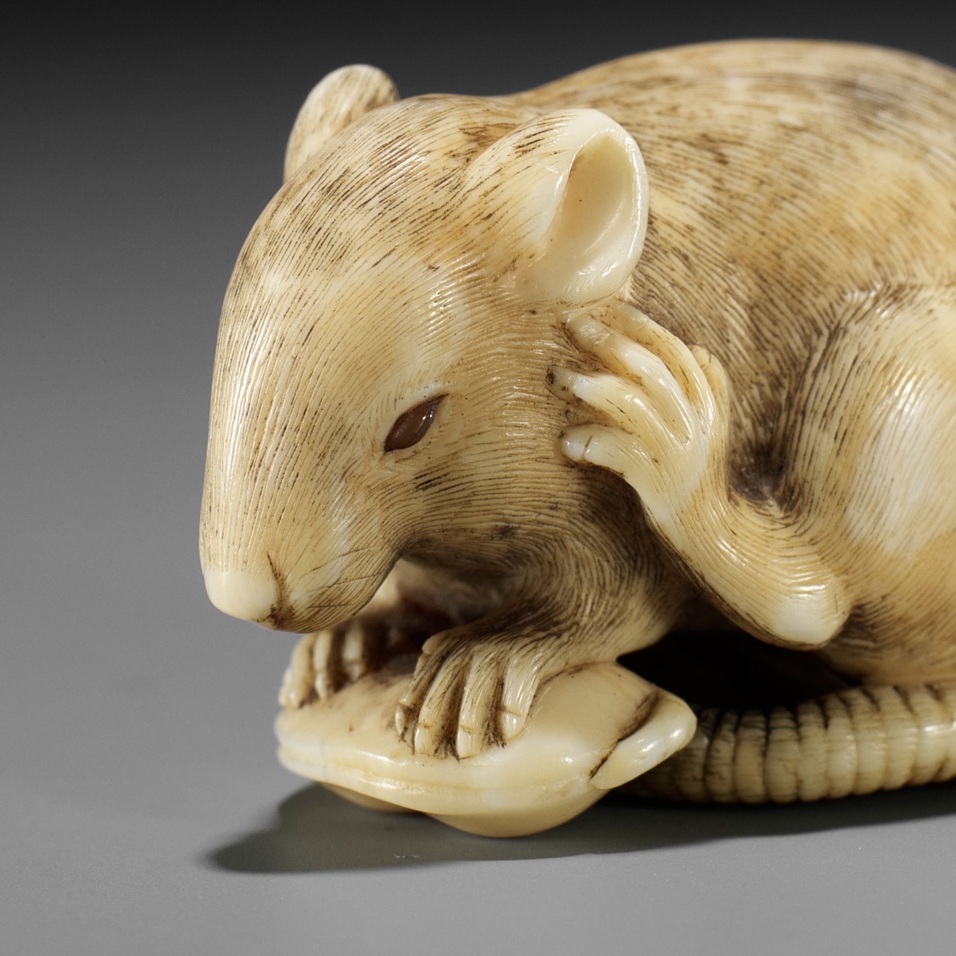 OKATOMO: A SUPERB IVORY NETSUKE OF A RAT WITH EDAMAME BEAN POD