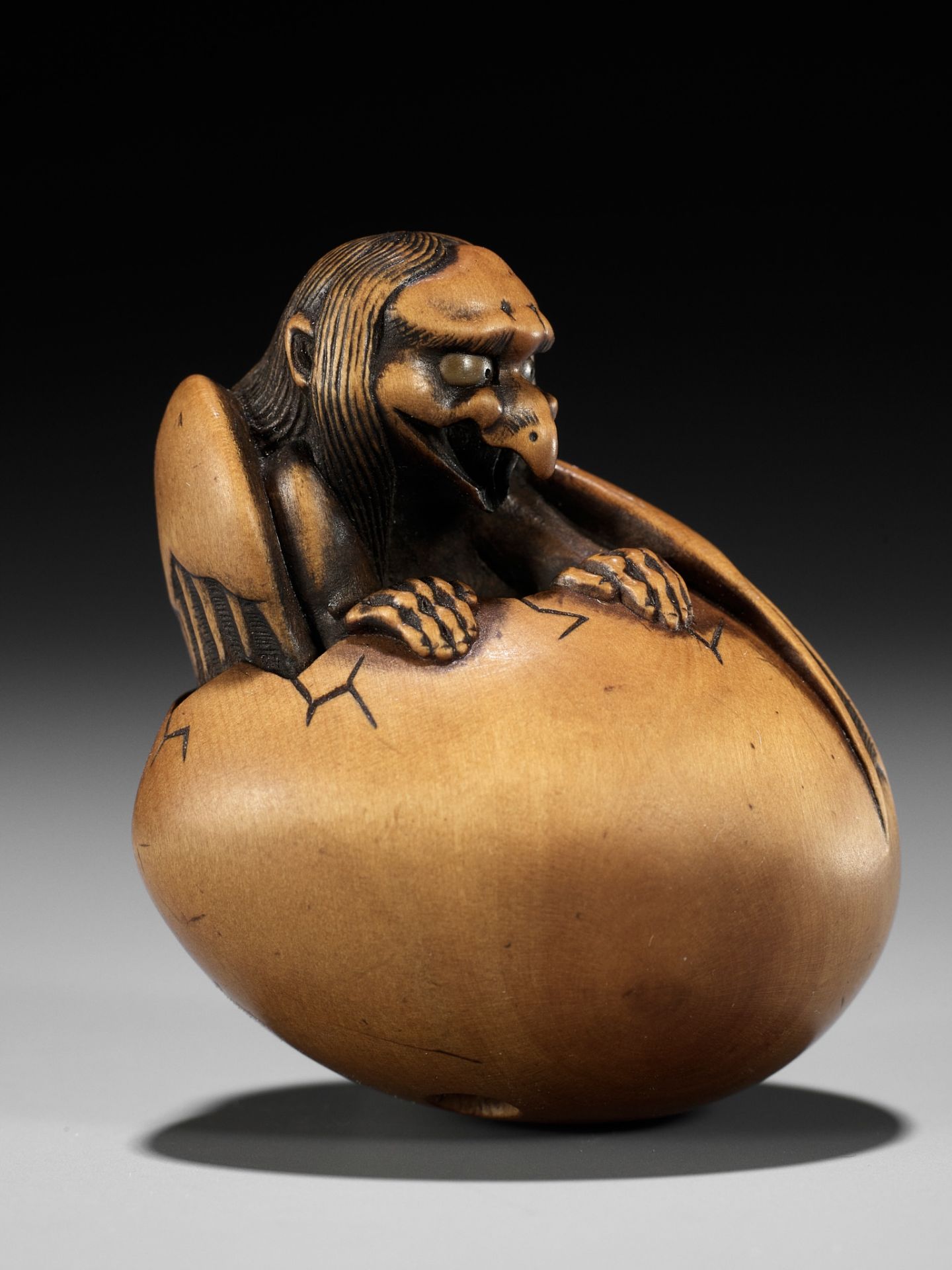 TOYOMASA: A SUPERB WOOD NETSUKE OF A HATCHING TENGU (TENGU NO TAMAGO) - Bild 2 aus 23