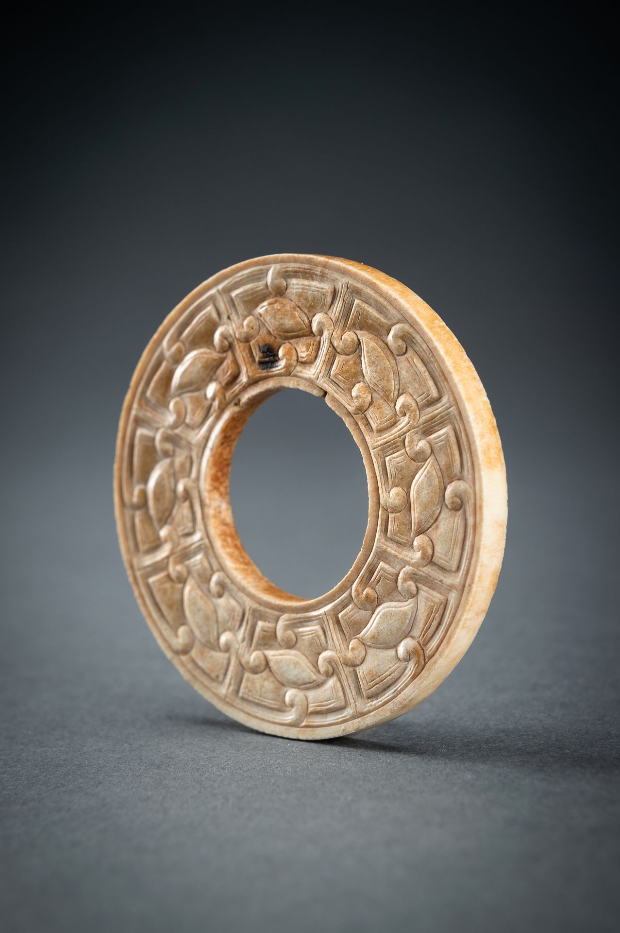 A SMALL OCHRE JADE ARCHAISTIC BI DISC, QING - Image 9 of 15