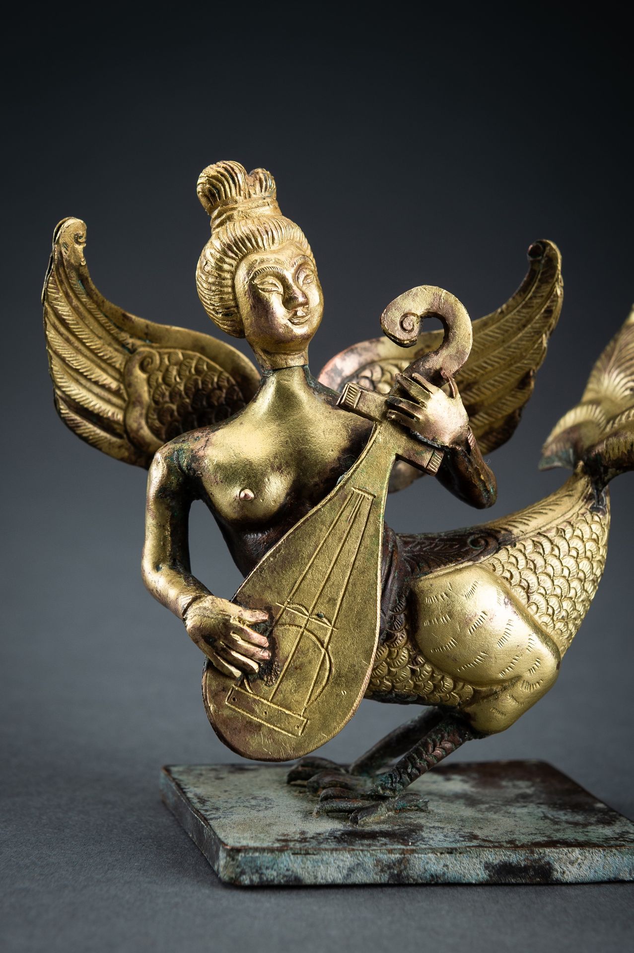 AN ARCHAISTIC FIRE-GILT COPPER REPOUSSÃ‰ FIGURE OF APSARA - Image 3 of 15