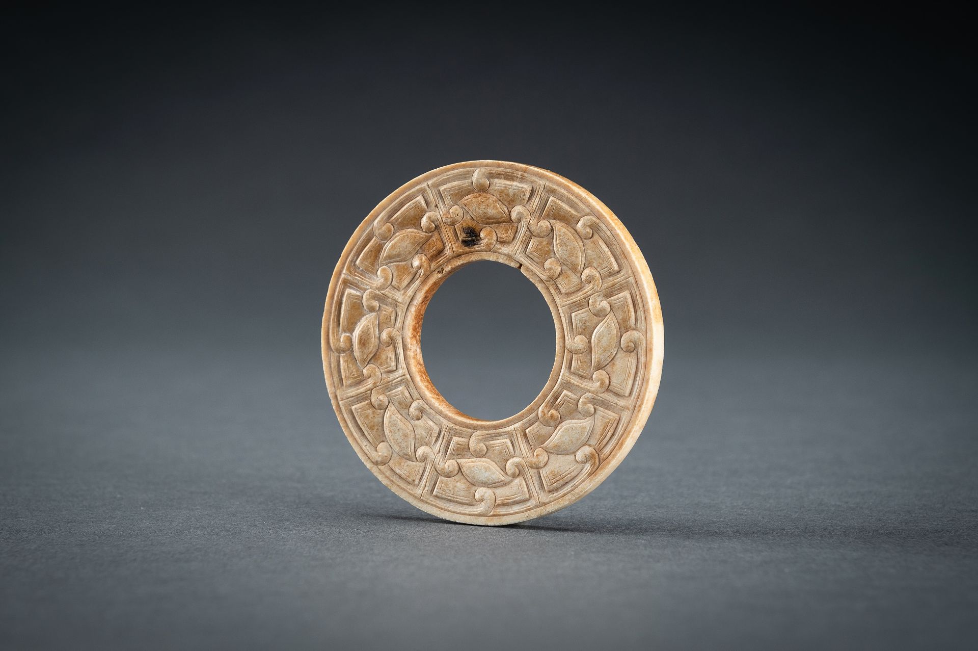 A SMALL OCHRE JADE ARCHAISTIC BI DISC, QING - Image 8 of 15