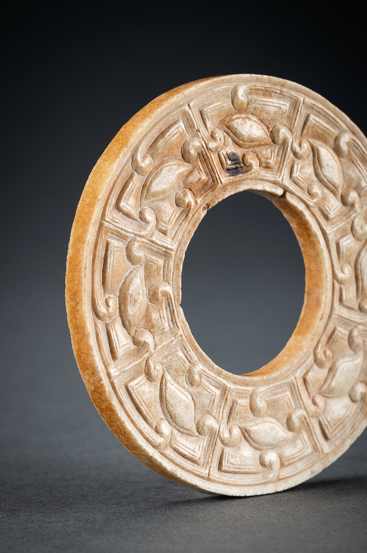 A SMALL OCHRE JADE ARCHAISTIC BI DISC, QING - Image 13 of 15