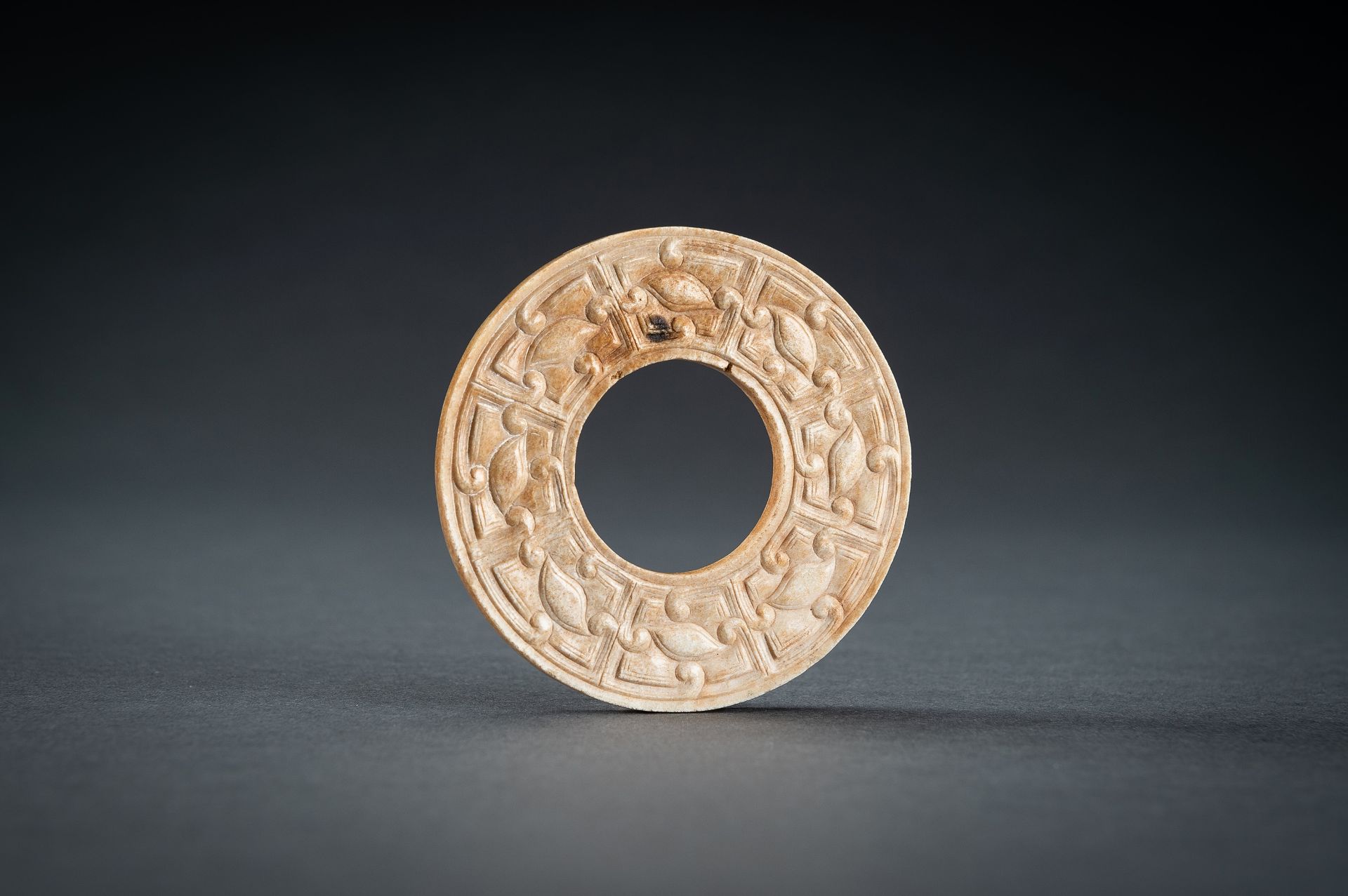 A SMALL OCHRE JADE ARCHAISTIC BI DISC, QING - Image 3 of 15