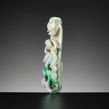 AN APPLE AND EMERALD GREEN JADEITE 'CHILONG' BELT HOOK, LATE QING TO REPUBLIC