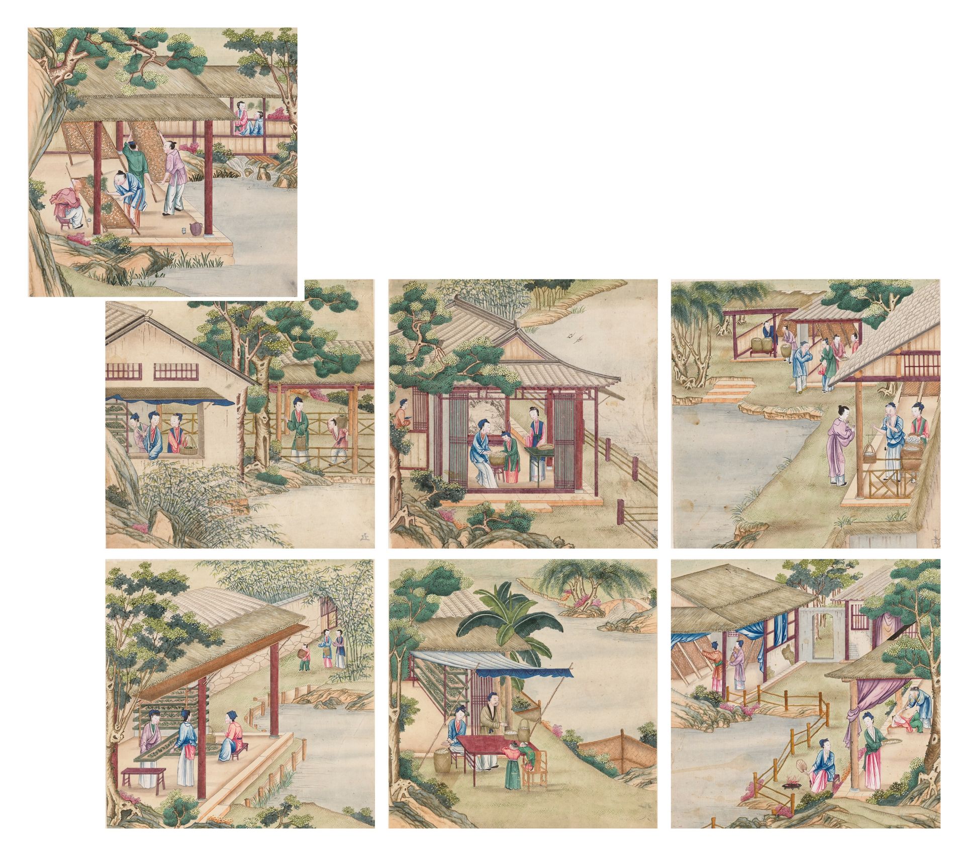 SEVEN 'SILK PRODUCTION' PAINTINGS, AFTER JIAO BINGZHEN (FL. 1689-1726), QING DYNASTY