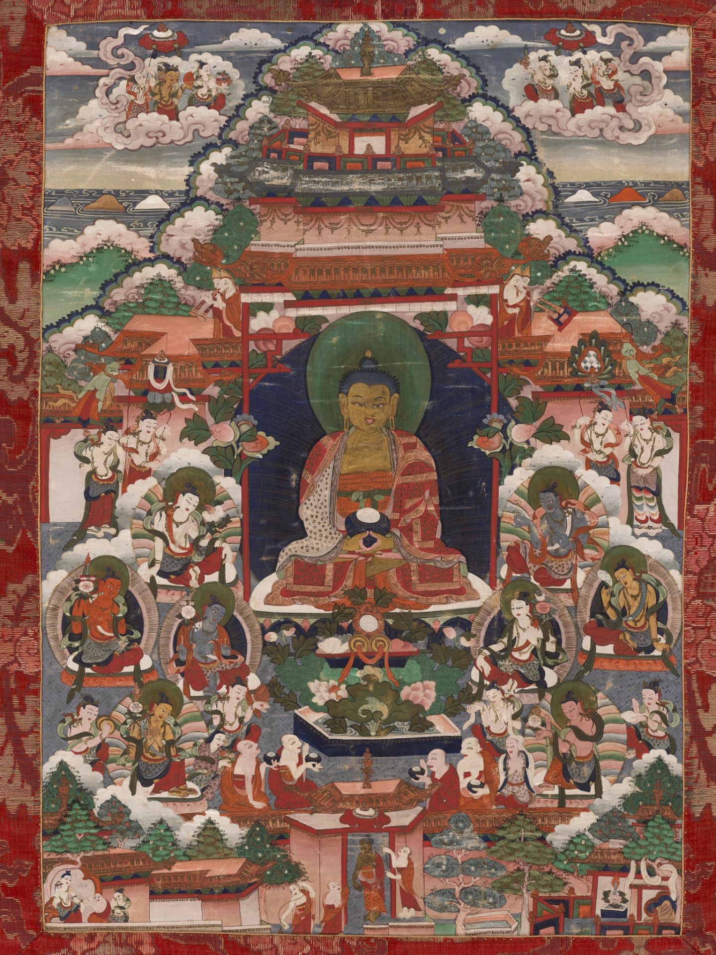 A THANGKA OF AMITHABA IN SUKHAVATI HEAVEN, TIBET, LATE 18TH - 19TH CENTURY - Bild 12 aus 16