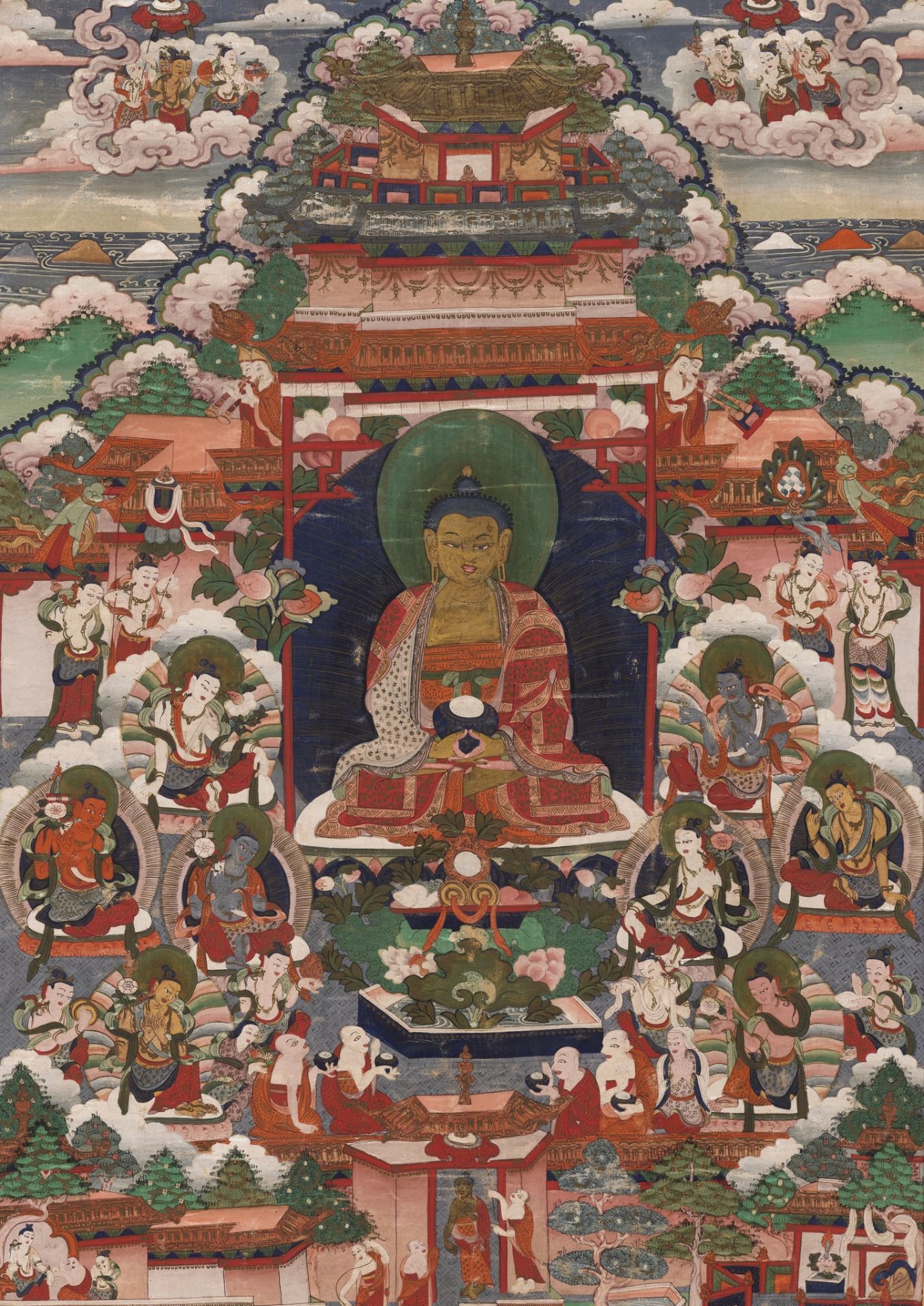 A THANGKA OF AMITHABA IN SUKHAVATI HEAVEN, TIBET, LATE 18TH - 19TH CENTURY