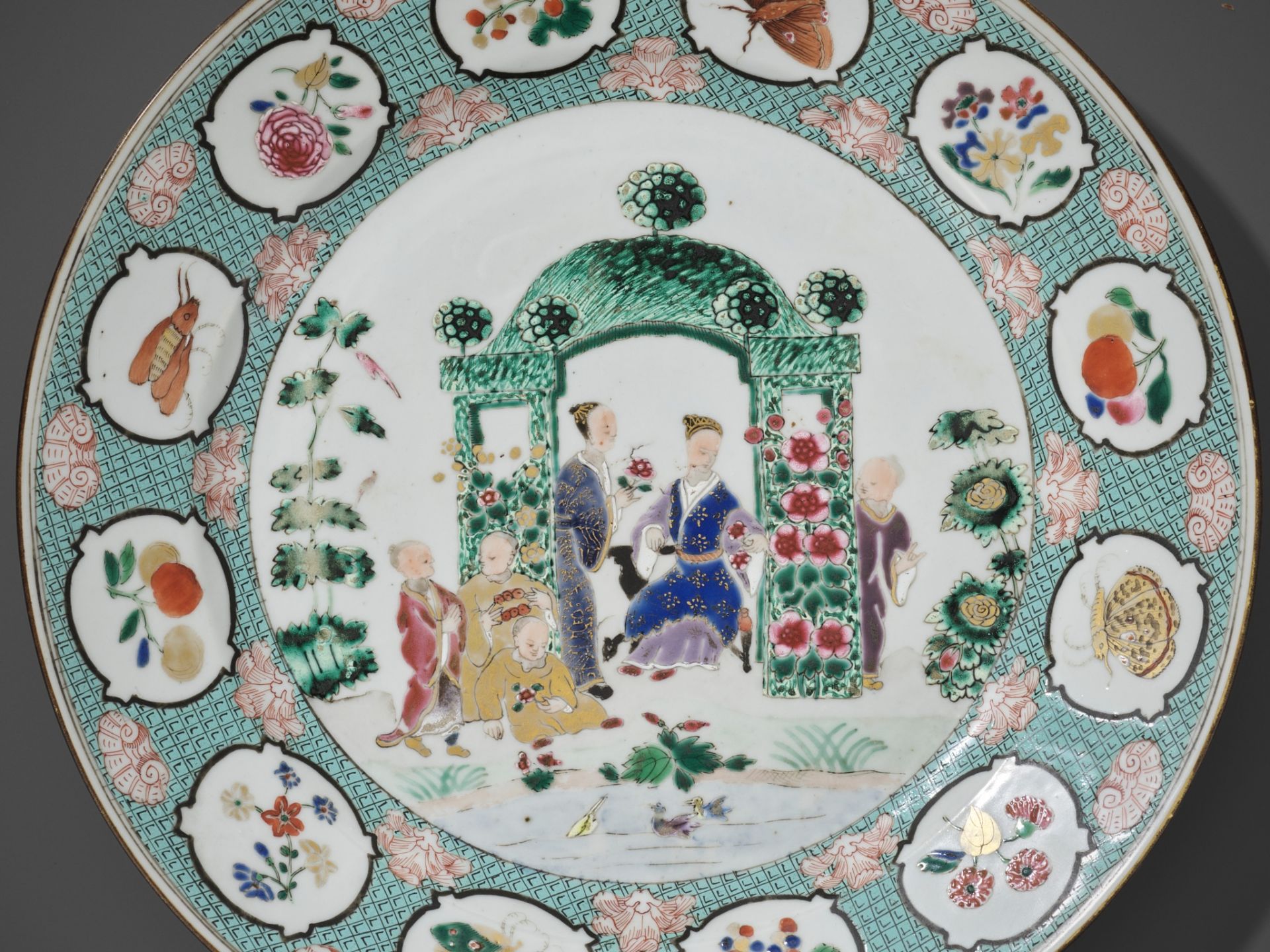 A FAMILLE ROSE 'IN THE ARBOR' DISH BY CORNELIUS PRONK, CHINA, 1735-1740 - Image 6 of 14