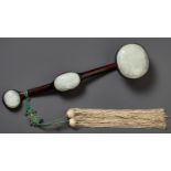 A PALE CELADON JADE-MOUNTED WOOD RUYI SCEPTER, QING DYNASTY