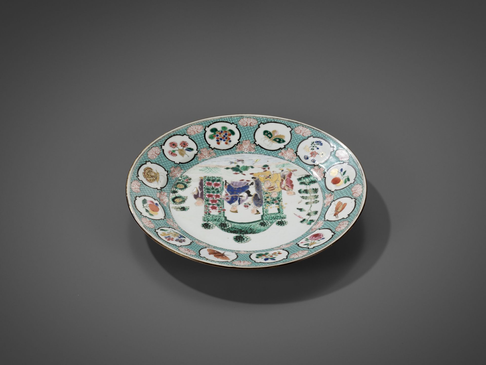 A FAMILLE ROSE 'IN THE ARBOR' DISH BY CORNELIUS PRONK, CHINA, 1735-1740 - Image 14 of 14