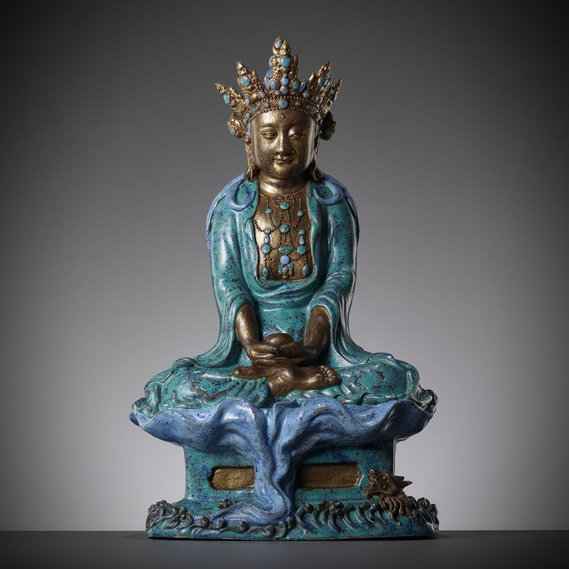 A VERY LARGE 'ROBIN'S EGG' ENAMELED AND GILT PORCELAIN FIGURE OF AMITAYUS,QIANLONG TO JIAQING PERIOD