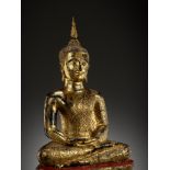 A GILT-LACQUERED BRONZE FIGURE OF SEATED BUDDHA SHAKYAMUNI, RATTANAKOSIN KINGDOM