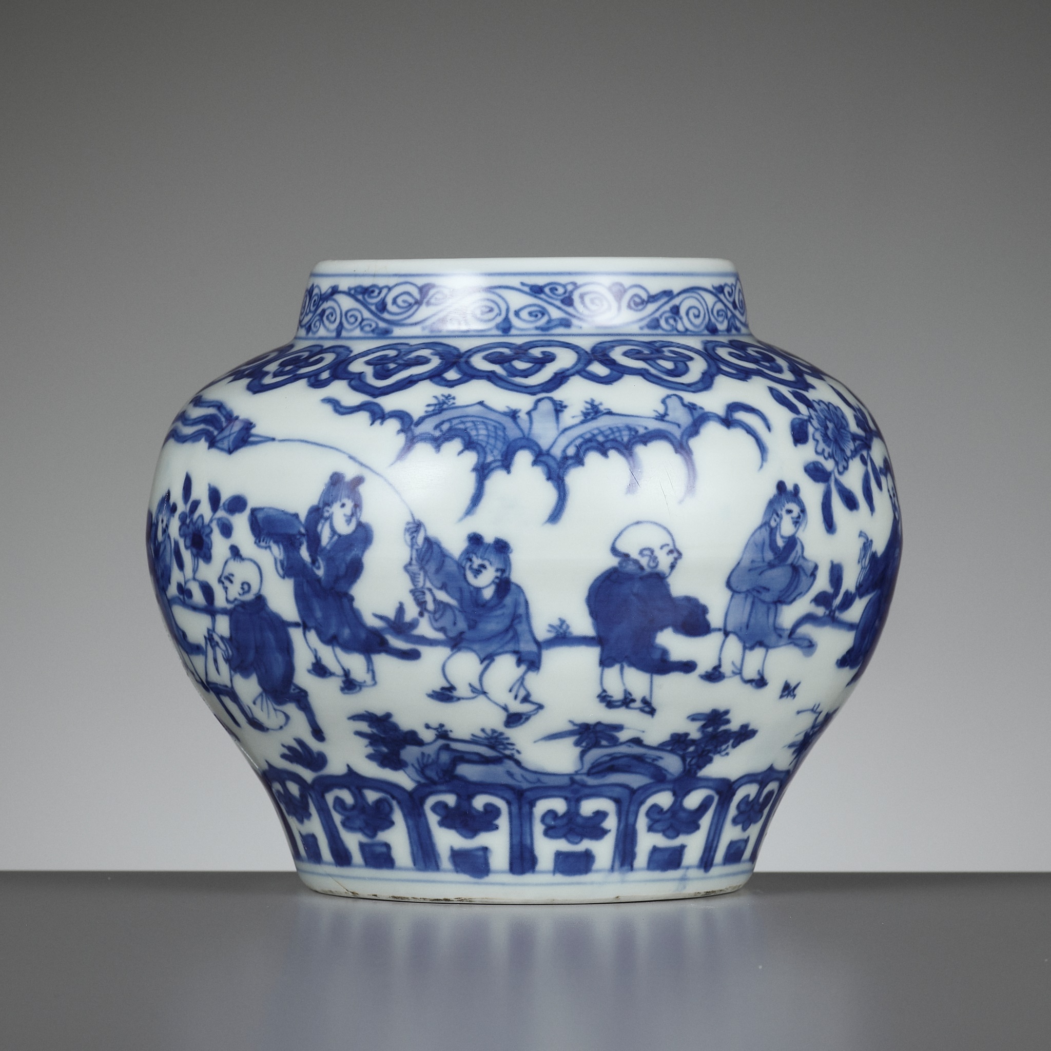 A BLUE AND WHITE 'SCHOLARS AND BOYS' JAR, GUAN, WANLI MARK AND PERIOD