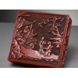 A CINNABAR LACQUER THREE-TIERED BOX AND COVER, LATE YUAN TO MID-MING DYNASTY