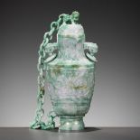 A LAVENDER AND APPLE GREEN JADEITE 'CHAIN' VASE AND COVER, EARLY 20TH CENTURY