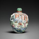 AN IMPERIAL MOLDED AND ENAMELED PORCELAIN SNUFF BOTTLE, JIAQING MARK AND PERIOD