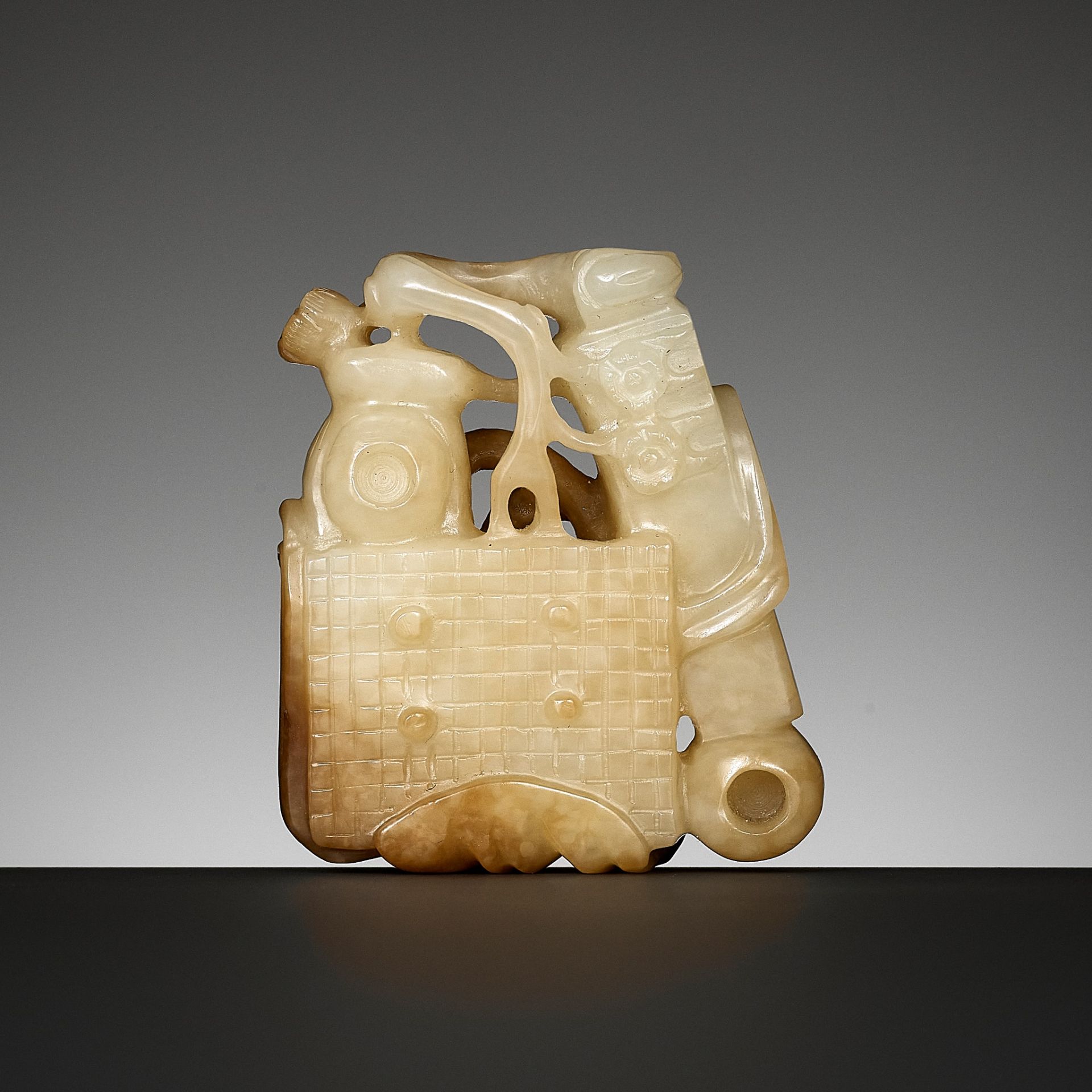 A WHITE AND RUSSET JADE 'FOUR SCHOLARLY ACCOMPLISHMENTS' GROUP, SIYI, QING DYNASTY