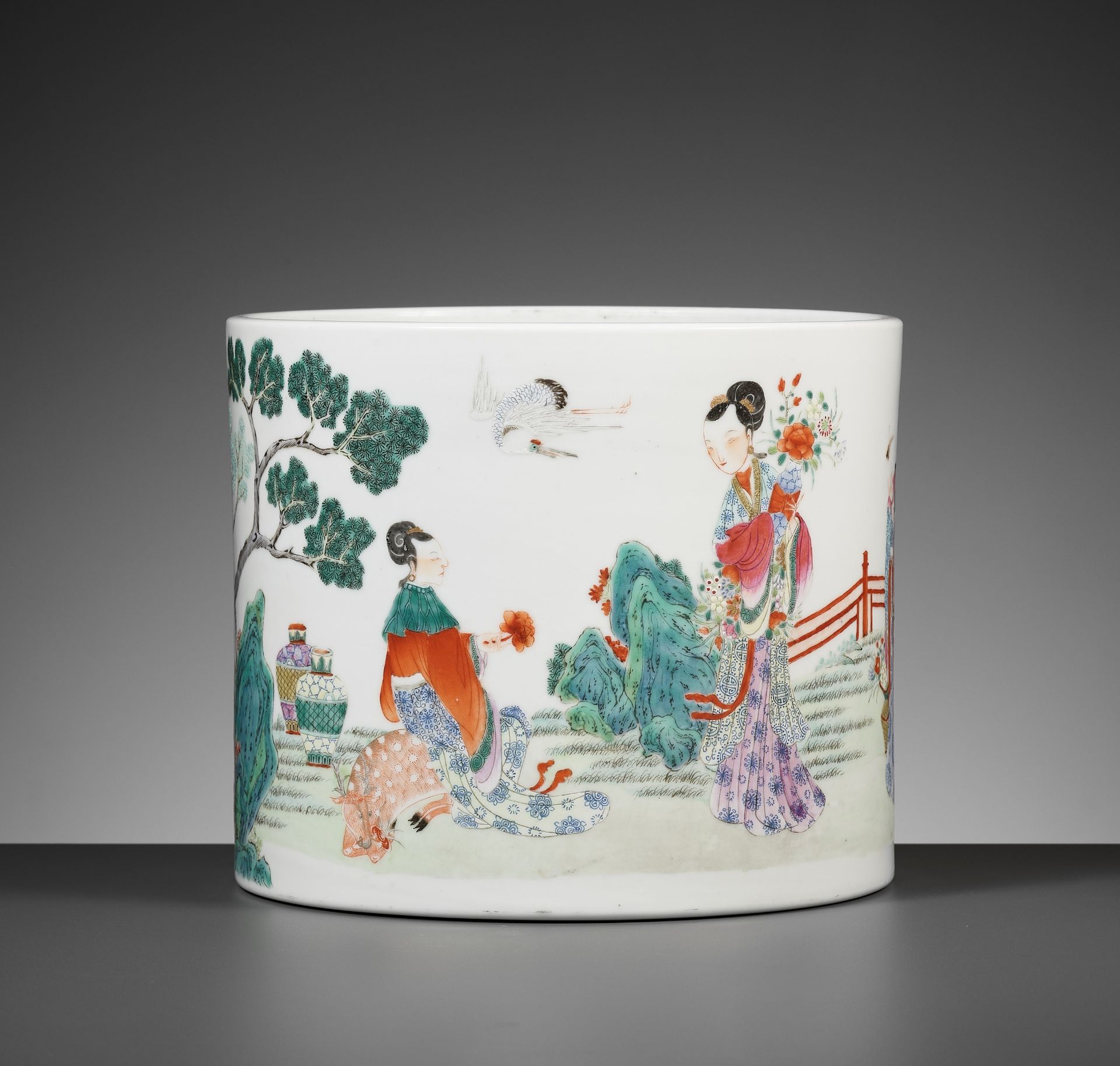 A LARGE FAMILLE ROSE 'MAGU, HE XIANGU AND LAN CAIHE' BRUSHPOT, BITONG, 18TH CENTURY