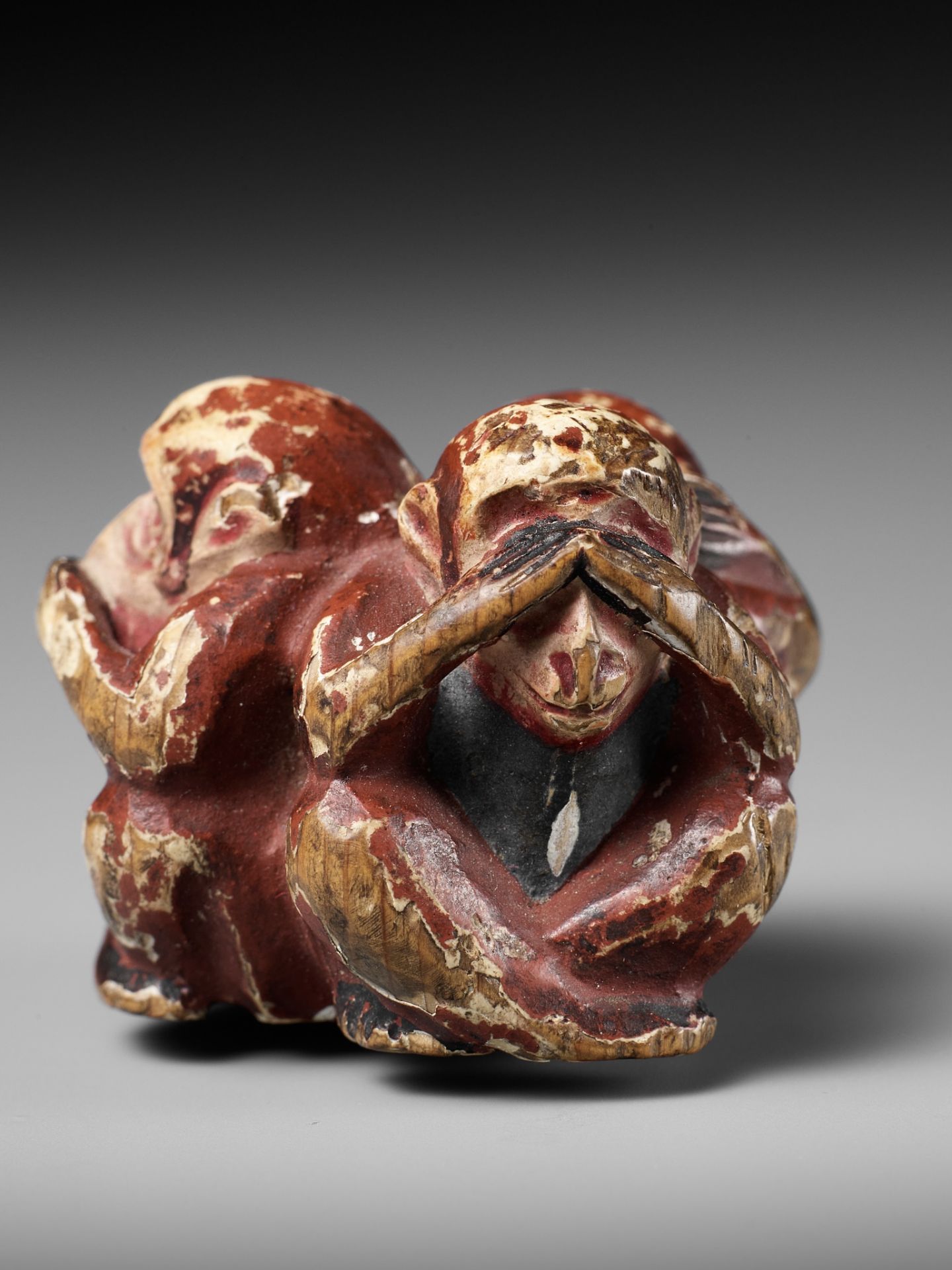 A SAISHIKI (PAINTED WOOD) NETSUKE OF THE SAMBIKI SARU (THREE WISE MONKEYS) - Image 3 of 12