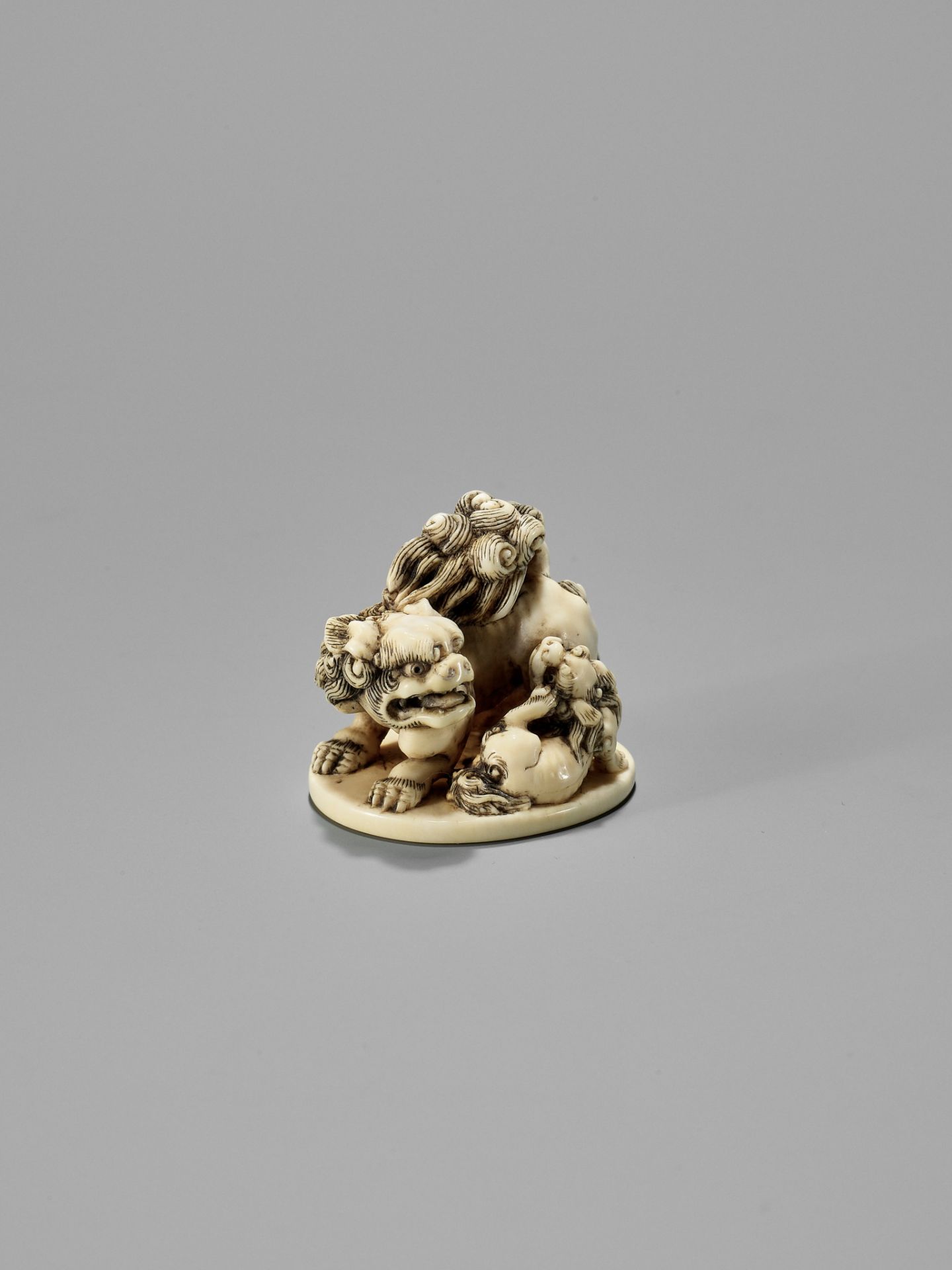 TOSHINAGA: AN IVORY NETSUKE OF A SHISHI WITH YOUNG - Image 3 of 12