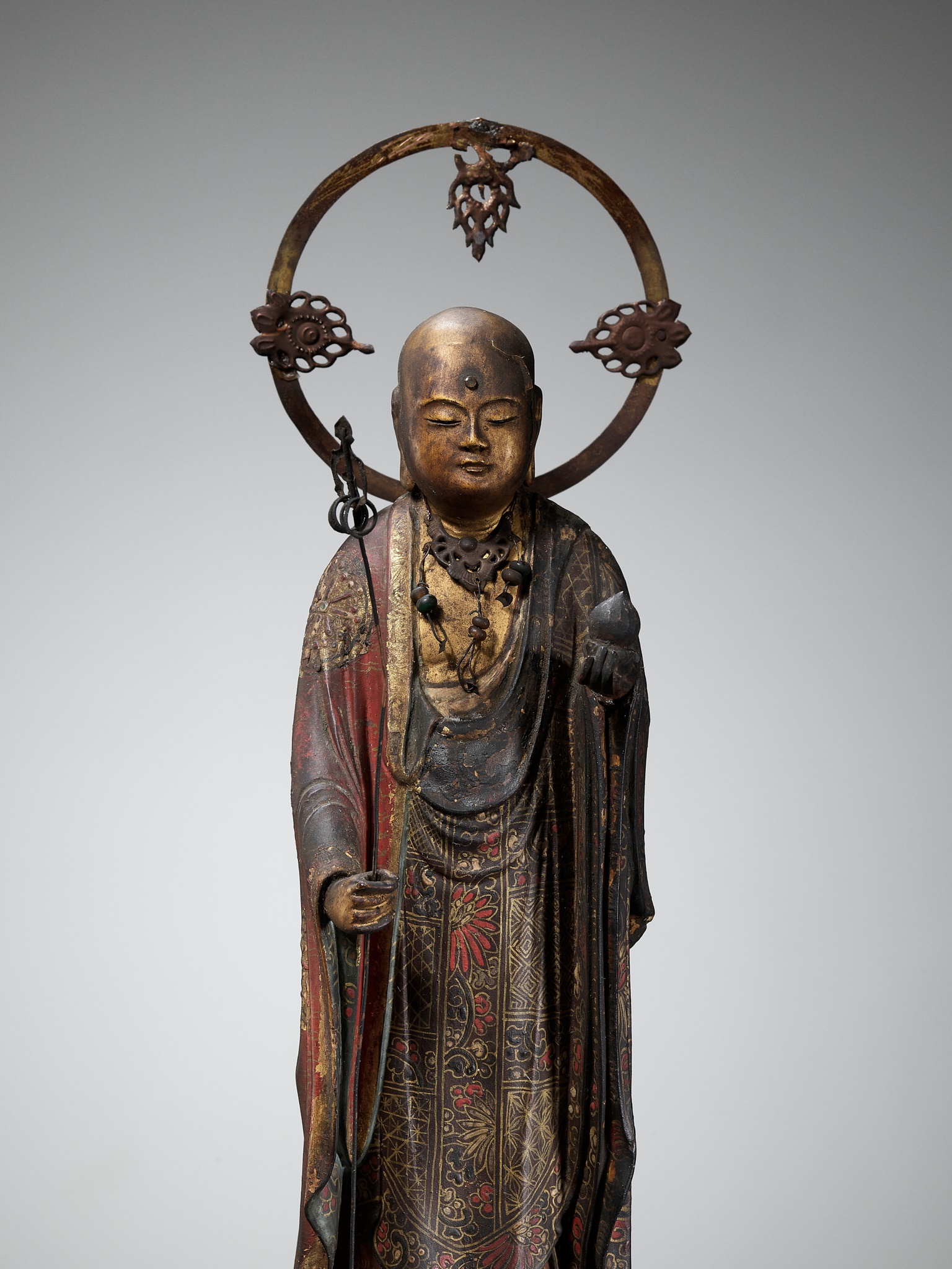 A RARE GILT AND POLYCHROME WOOD FIGURE OF JIZO BOSATSU