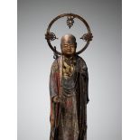 A RARE GILT AND POLYCHROME WOOD FIGURE OF JIZO BOSATSU