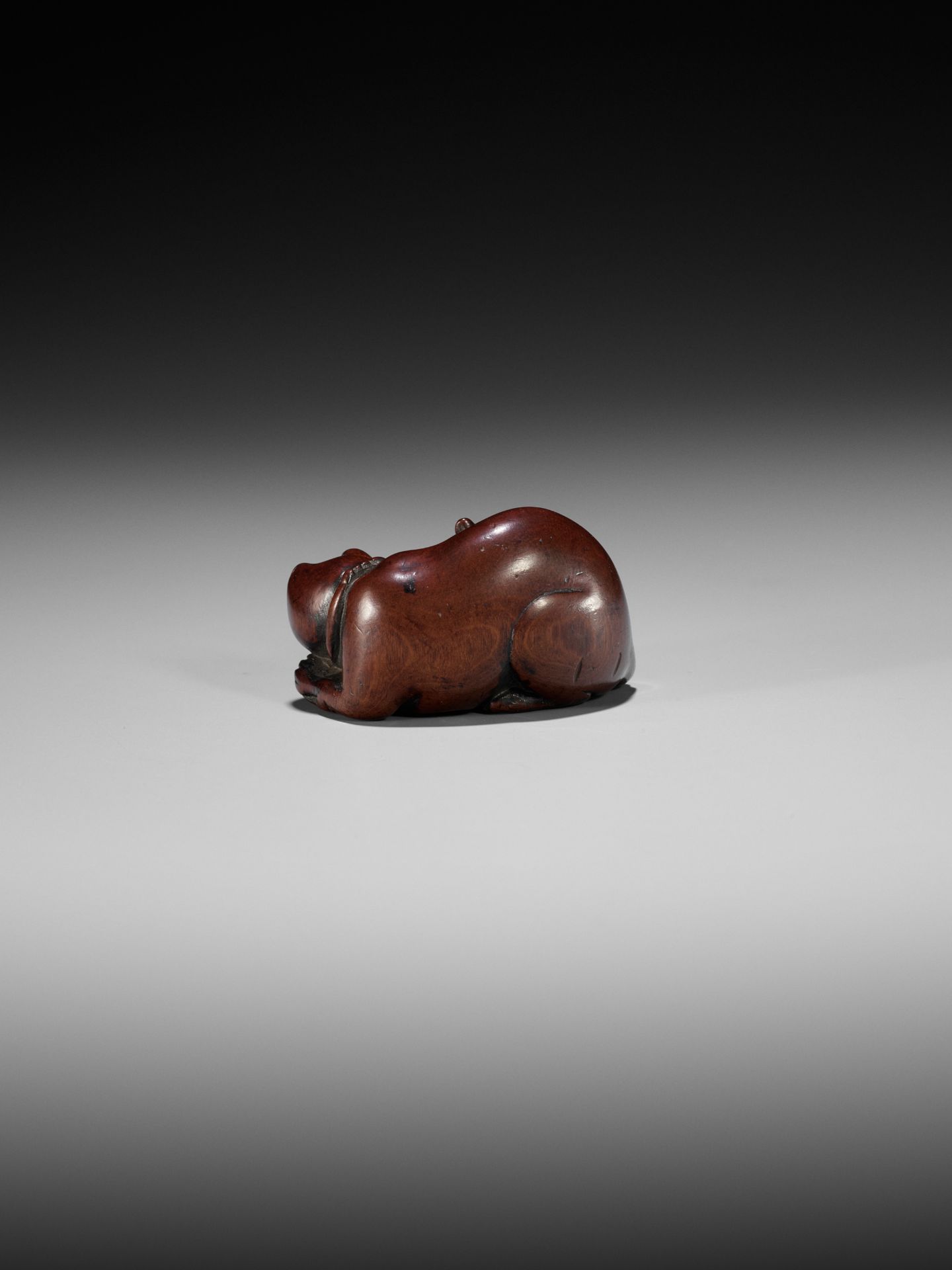 AN EARLY WOOD NETSUKE OF A CAT DEVOURING A FISH - Image 4 of 8