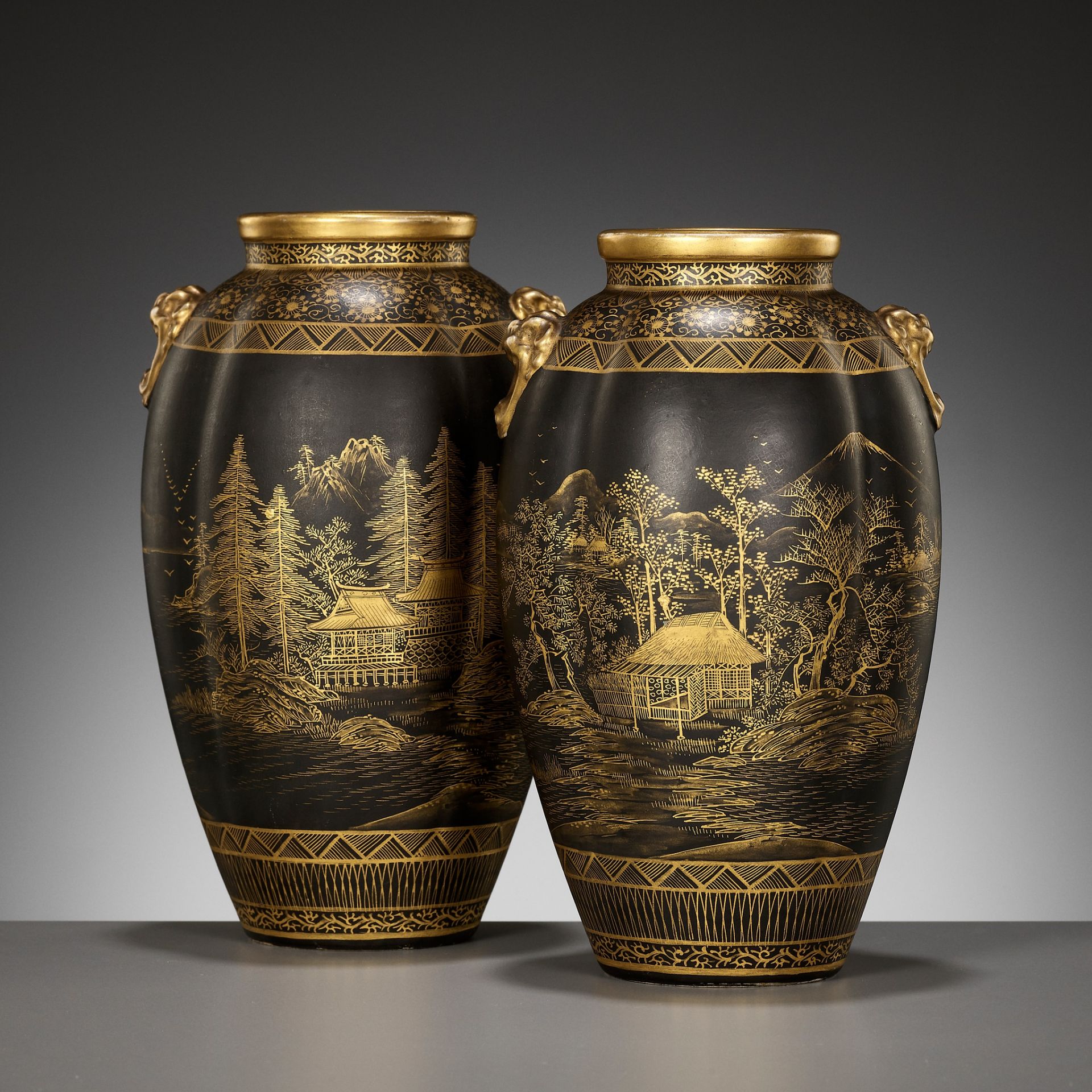 A PAIR OF GILT SATSUMA EARTHENWARE VASES WITH KOMAI STYLE MOTIF