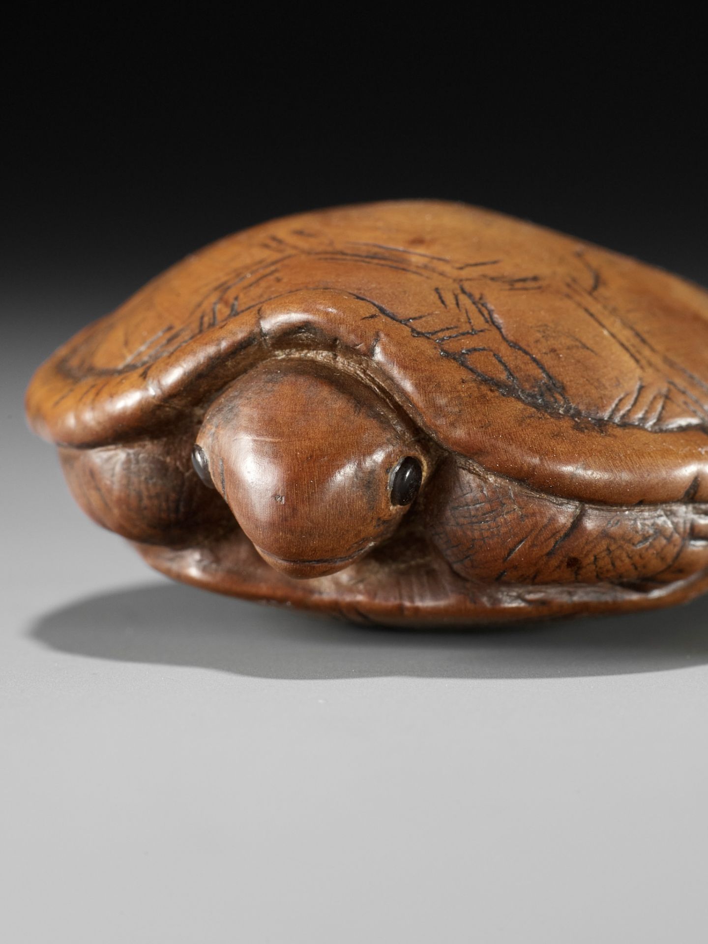 AN OLD WOOD NETSUKE OF A TORTOISE