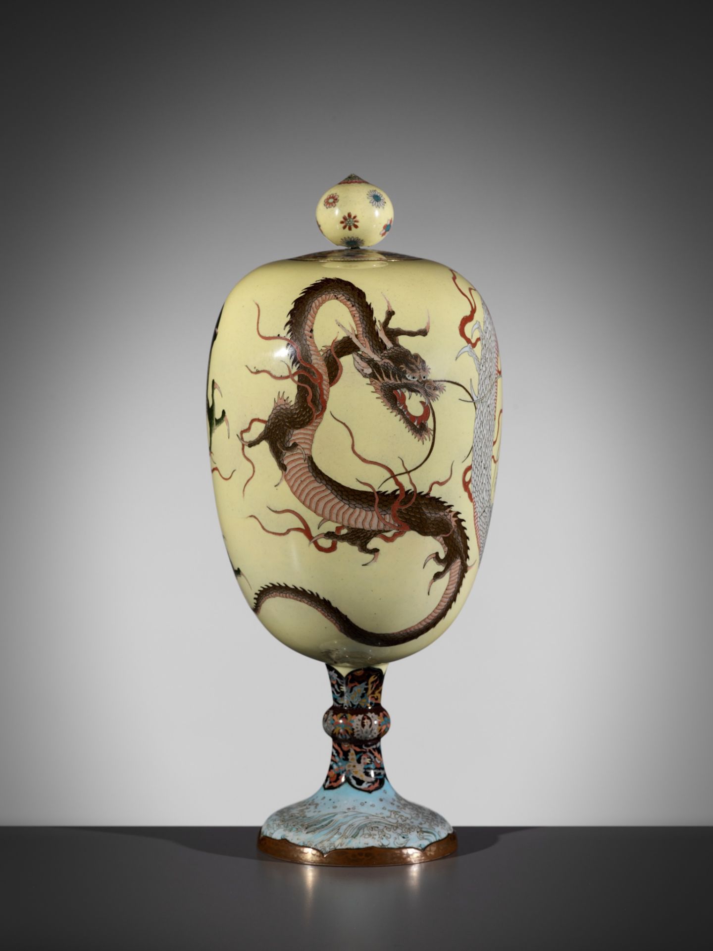 A CLOISONNÃ‰ ENAMEL VASE AND COVER WITH DRAGONS AND HO-O - Image 2 of 9