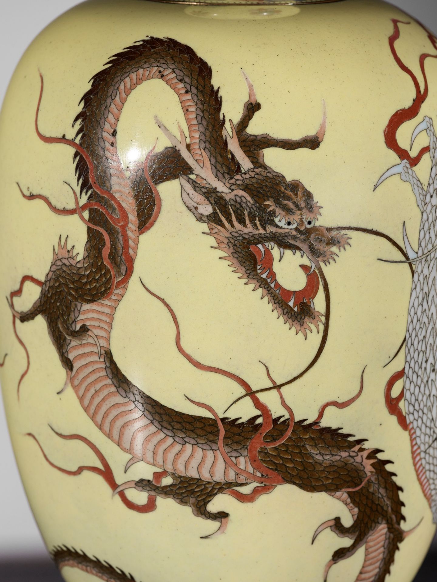 A CLOISONNÃ‰ ENAMEL VASE AND COVER WITH DRAGONS AND HO-O - Image 5 of 9