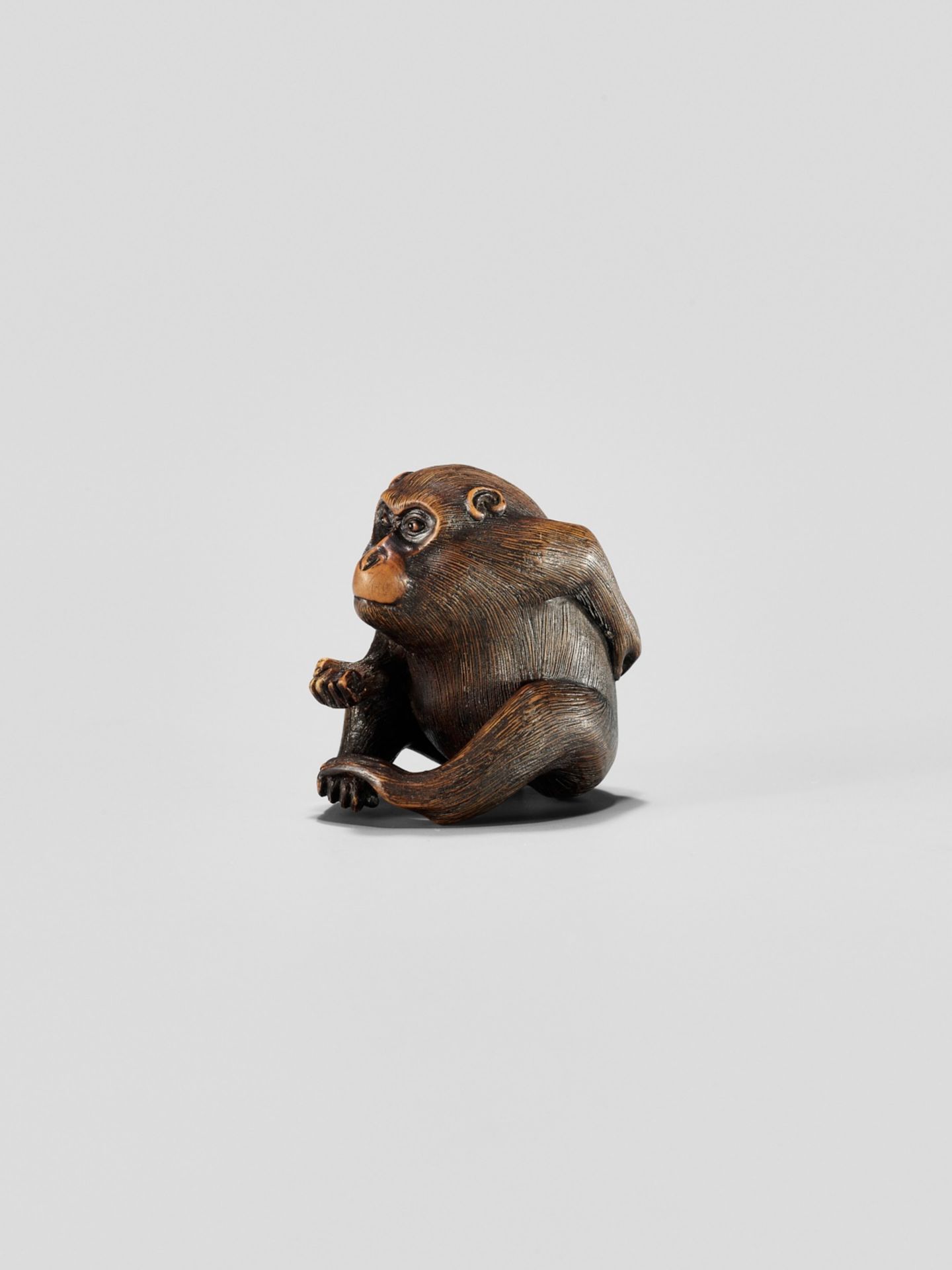 KAZUMASA: A WOOD NETSUKE OF A MONKEY PICKING FLEAS - Image 3 of 11