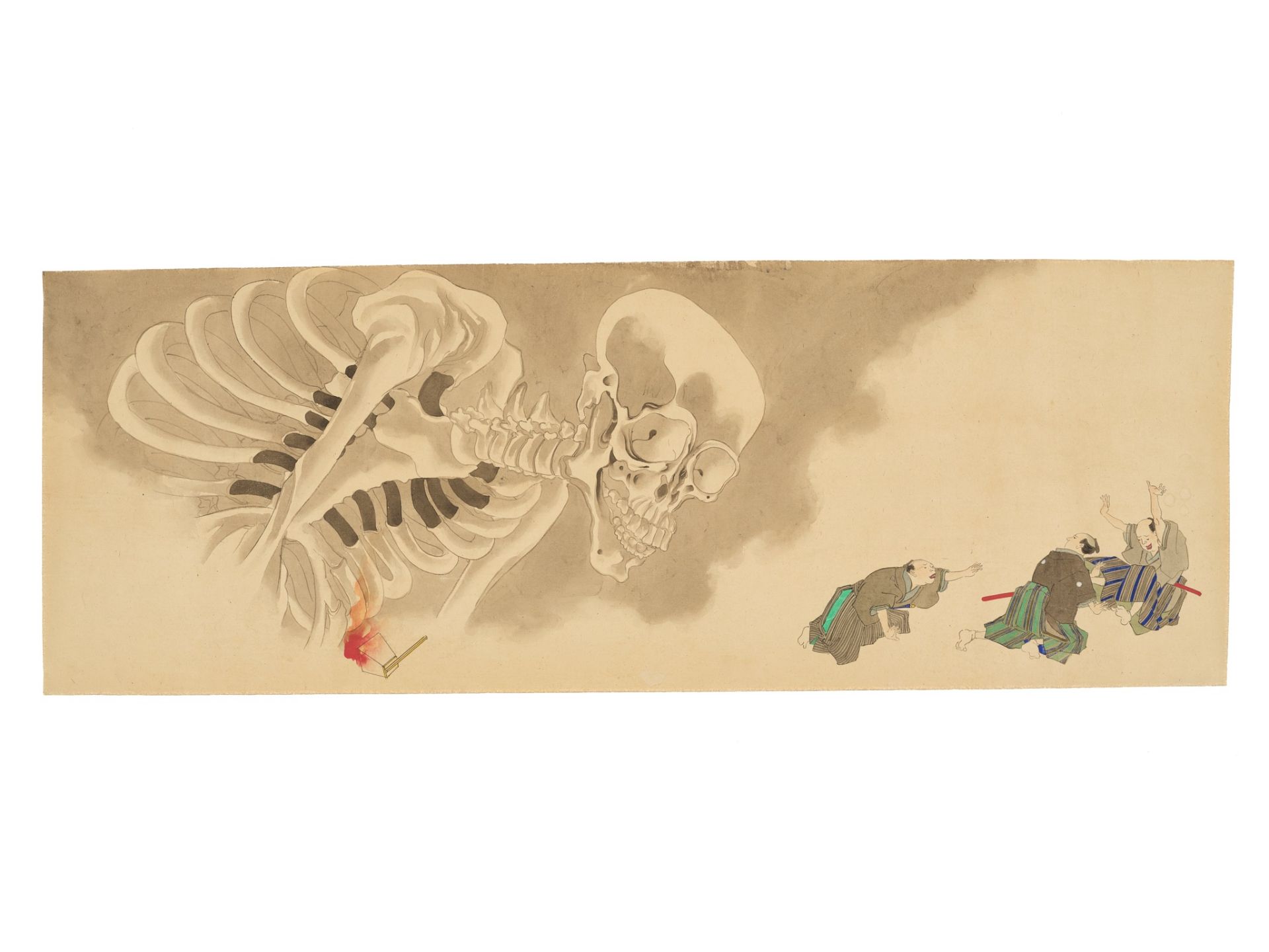 A LARGE AND RARE EMAKI HANDSCROLL WITH FOUR SEPARATE LEAVES, ONE WITH A DEPICTION OF GASHADOKURO