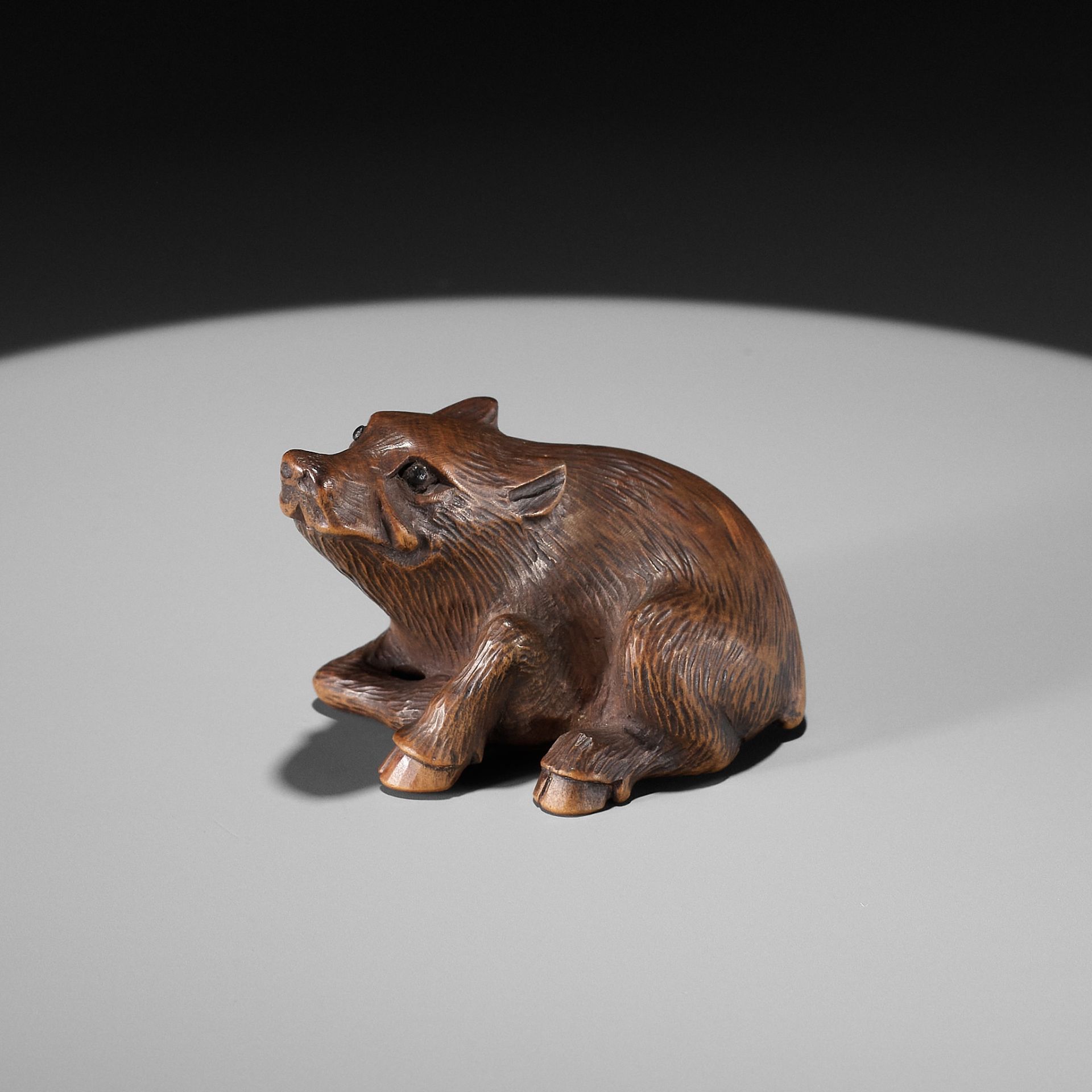 A WOOD NETSUKE OF A RECUMBENT BOAR, INSCRIBED MASANAO