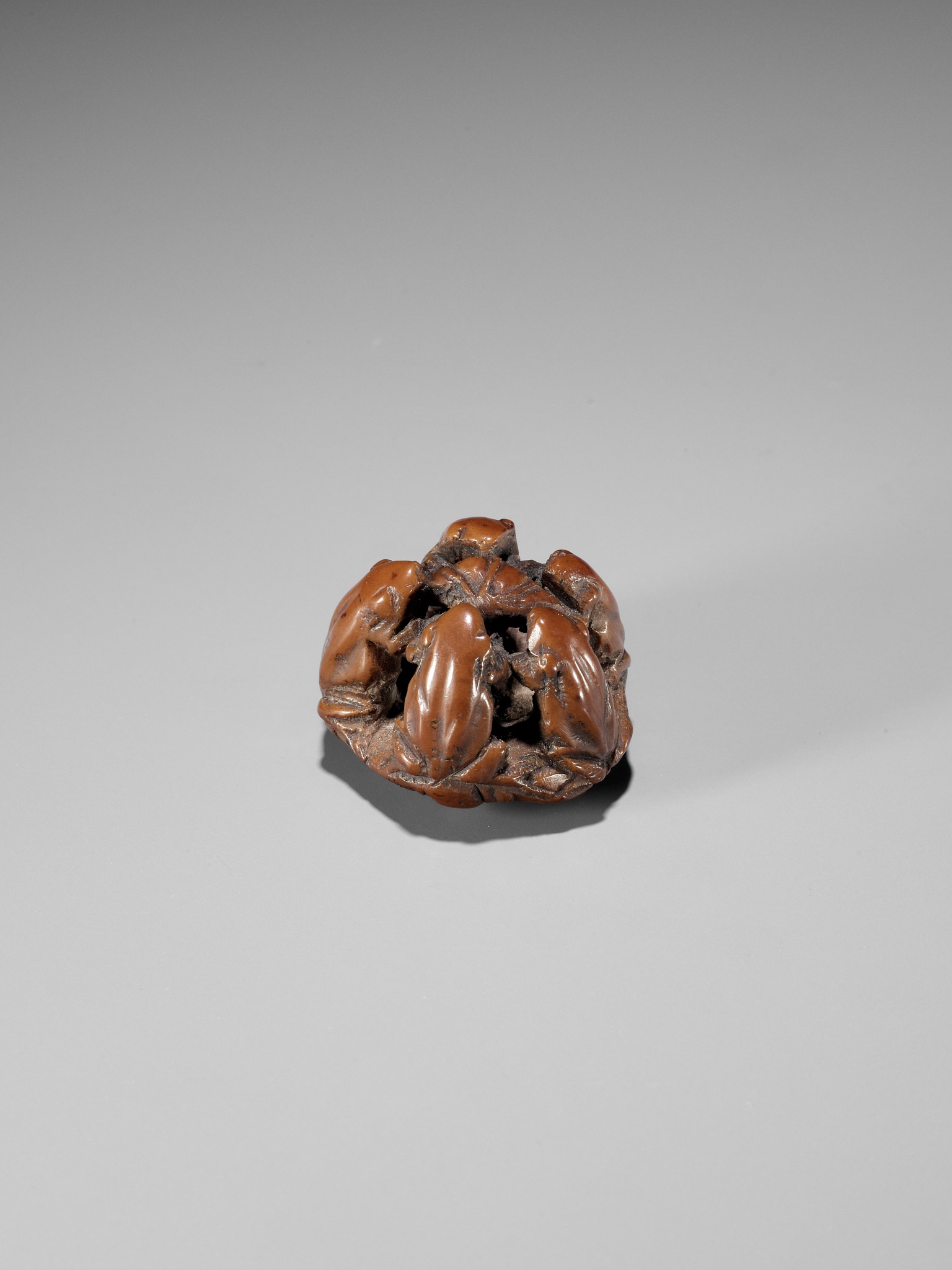 A RARE NUT NETSUKE OF FIVE FROGS ON A LOTUS LEAF, ATTRIBUTED TO SEIMIN - Image 8 of 9