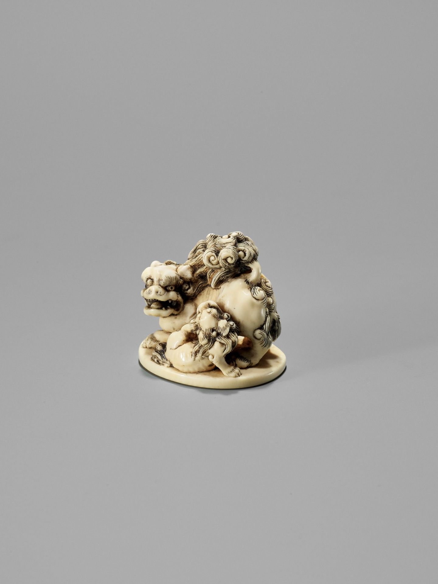 TOSHINAGA: AN IVORY NETSUKE OF A SHISHI WITH YOUNG - Image 4 of 12