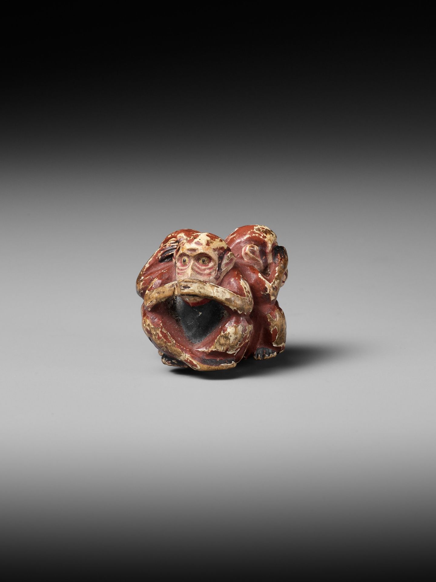 A SAISHIKI (PAINTED WOOD) NETSUKE OF THE SAMBIKI SARU (THREE WISE MONKEYS) - Image 6 of 12