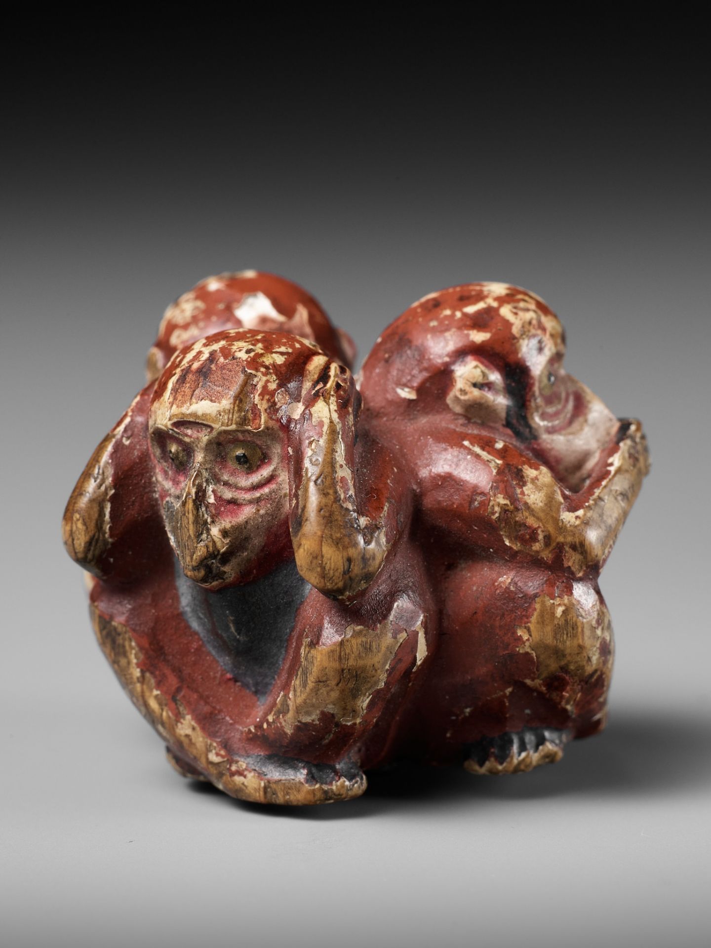 A SAISHIKI (PAINTED WOOD) NETSUKE OF THE SAMBIKI SARU (THREE WISE MONKEYS) - Image 2 of 12